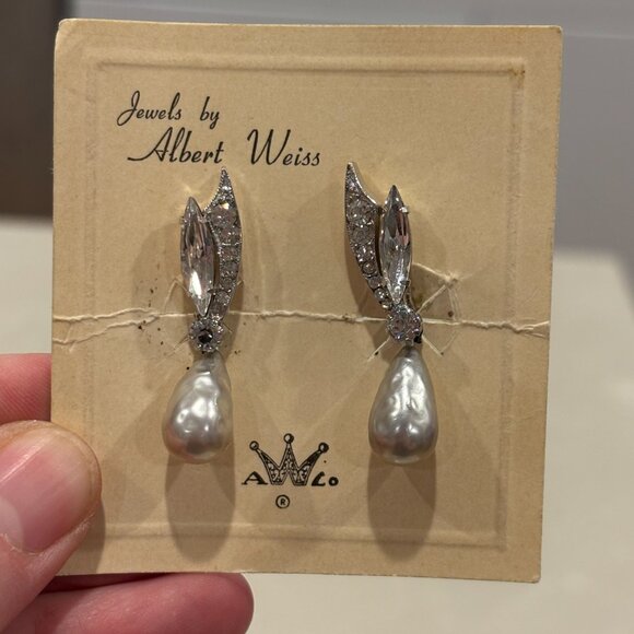 Vintage Albert Weiss Clip On Earrings with Faux Pearls and Rhinestones - Picture 1 of 4